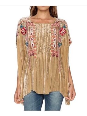 Johnny Was JW LA Tan Velvet Embroidered Poncho Top, small
